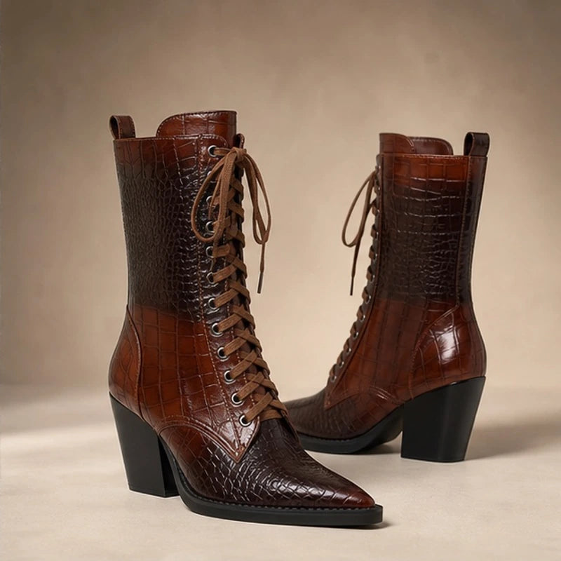 Selma Croc-Embossed Lace-Up Boots - Brown - croc-embossed leather - Hendlys - Image 3