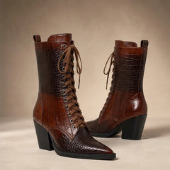 Selma Croc-Embossed Lace-Up Boots - Brown - croc-embossed leather - Hendlys - Image 3