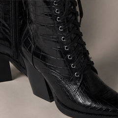 Selma Croc-Embossed Lace-Up Boots - Black - lace-up boots - Hendlys - Image 4