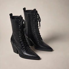 Selma Croc-Embossed Lace-Up Boots - Black - croc-embossed leather - Hendlys - Image 3