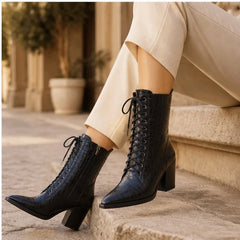 Selma Croc-Embossed Lace-Up Boots - Black - women's boots - Hendlys - Image 2