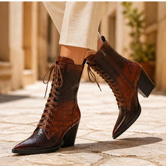 Selma Croc-Embossed Lace-Up Boots - Brown - Boots - Hendlys - Image 1