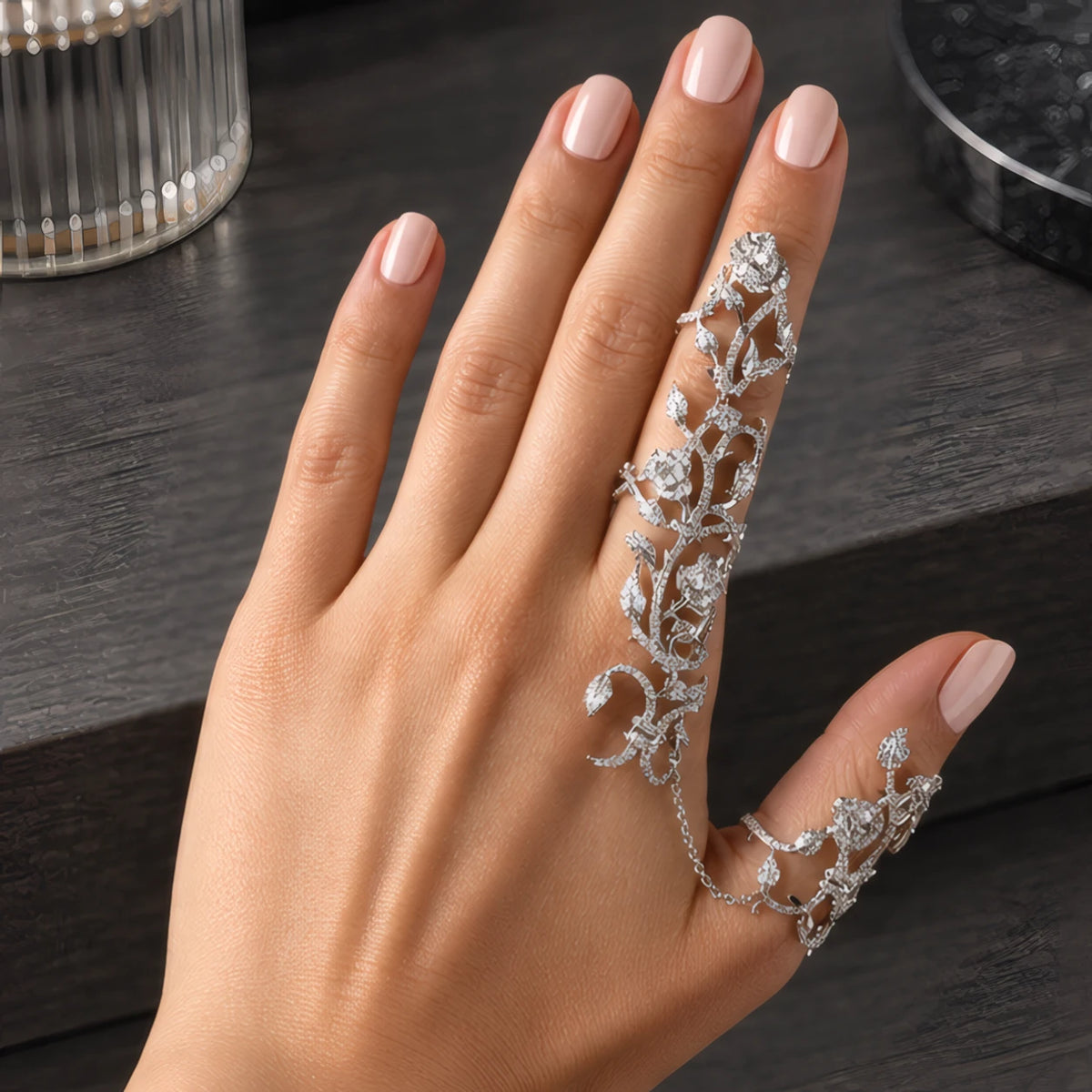 Silvara Women's Sculpted Vine Handpiece with Crystal Accents - Silver - Accessories > Jewelry > Hand Chains - Hendlys - Image 1