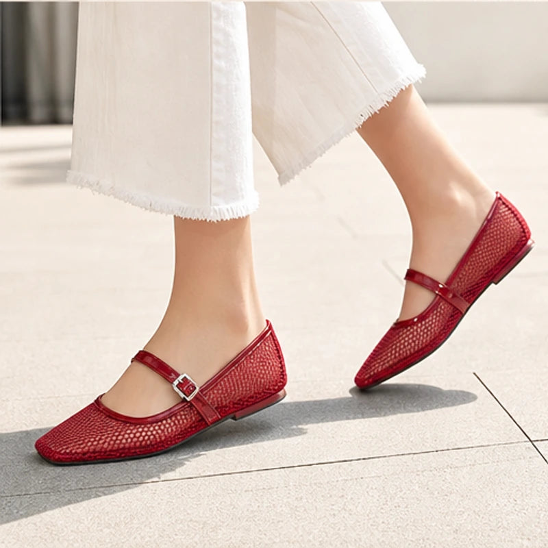 Solene Mesh Mary Jane Flats - Red - patent strap - Hendlys - Image 6