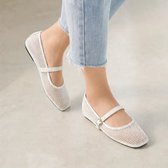 Solene Mesh Mary Jane Flats - White - patent strap - Hendlys - Image 6