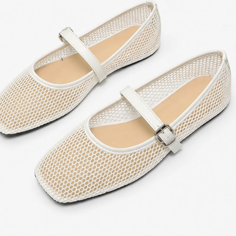 Solene Mesh Mary Jane Flats - White - Flats - Hendlys - Image 1