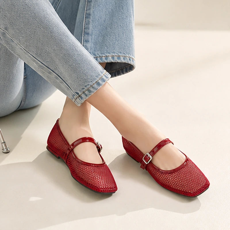 Solene Mesh Mary Jane Flats - Red - square toe - Hendlys - Image 5