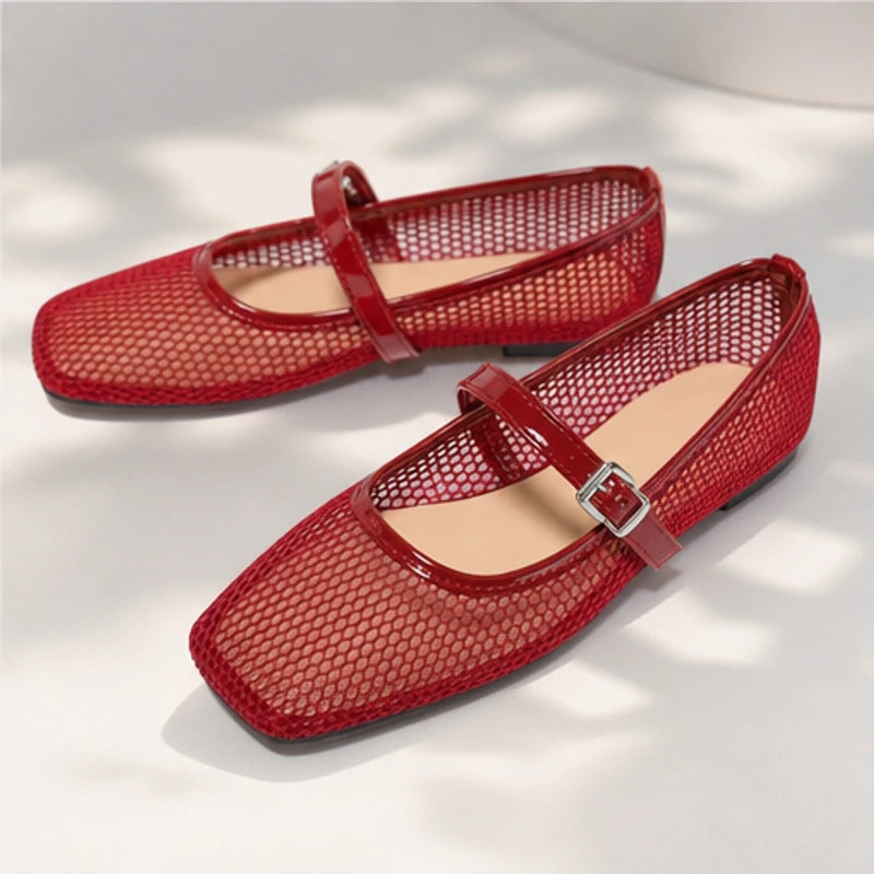 Solene Mesh Mary Jane Flats - Red - mesh flats - Hendlys - Image 4