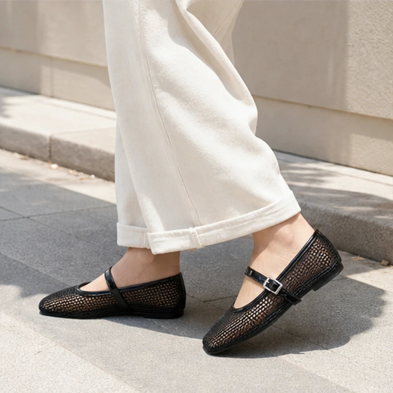 Solene Mesh Mary Jane Flats - Black - square toe - Hendlys - Image 5