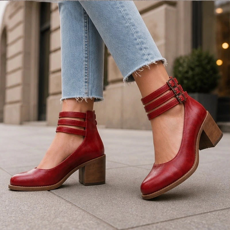 Sylvie Stacked-Heel Pumps - Red - Heels - Hendlys - Image 1