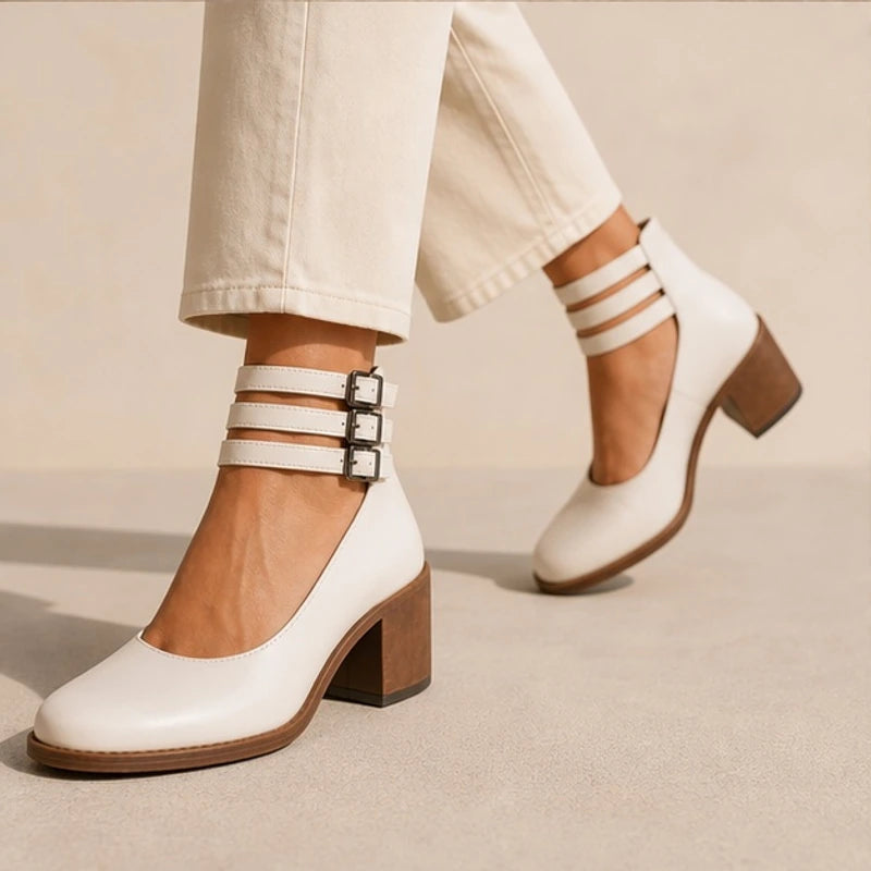 Sylvie Stacked-Heel Pumps - White - Heels - Hendlys - Image 1