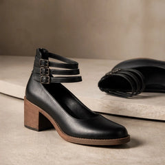 Sylvie Stacked-Heel Pumps - Black - adjustable strap heels - Hendlys - Image 5