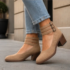 Sylvie Stacked-Heel Pumps - Beige - court heels - Hendlys - Image 4