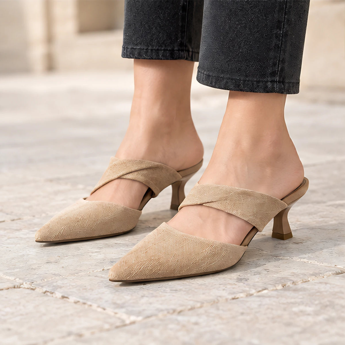 Thalia Women's Suede Kitten-Heel Mules - Beige - Women's Footwear > Heels > Mule Heels - Hendlys - Image 2