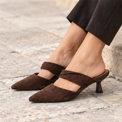 Thalia Women's Suede Kitten-Heel Mules - Chocolate - female - Hendlys - Image 3