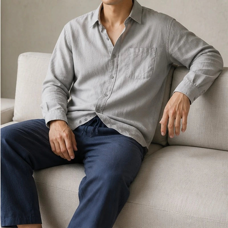 Theon Relaxed Shirt and Trouser Set - Grey / Blue - linen set - Hendlys - Image 2