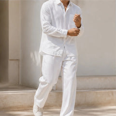 Theon Relaxed Shirt and Trouser Set - White / White - linen set - Hendlys - Image 2