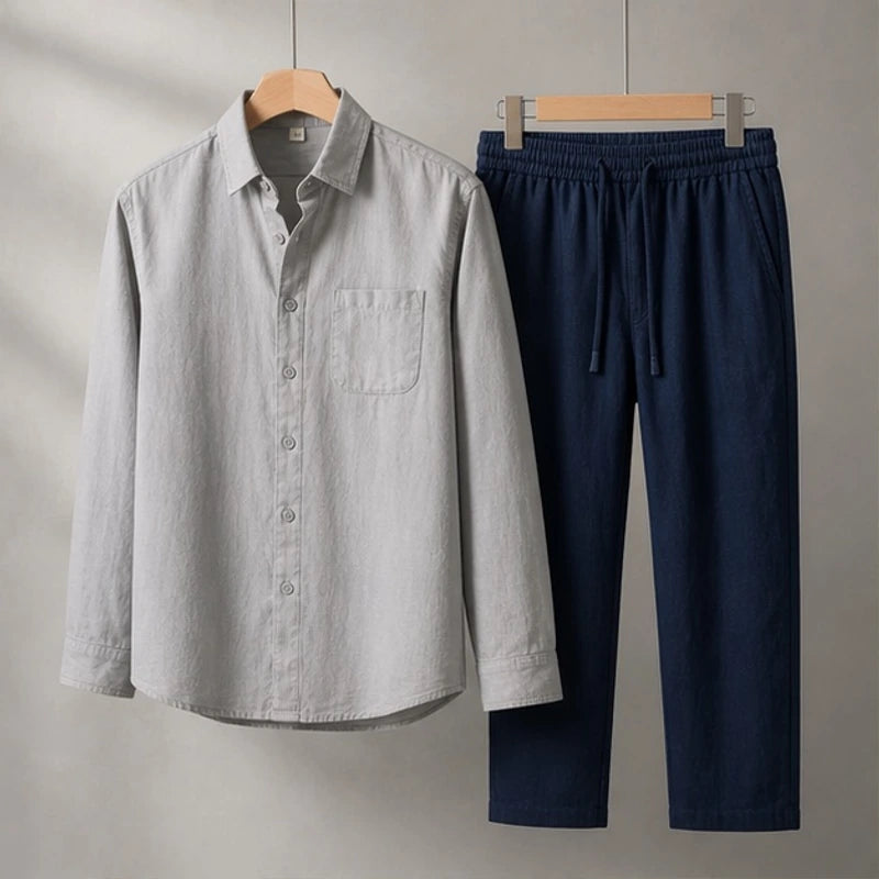 Theon Relaxed Shirt and Trouser Set - Grey / Blue - Outfit Set - Hendlys - Image 1