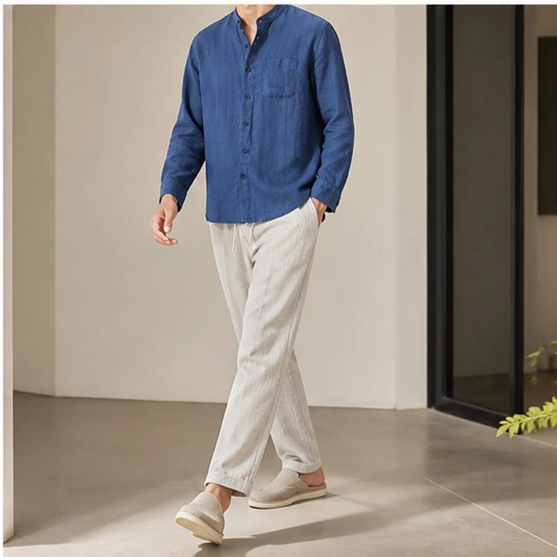 Theon Relaxed Shirt and Trouser Set - Blue / Beige - linen set - Hendlys - Image 2