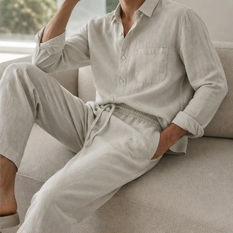 Theon Relaxed Shirt and Trouser Set - Beige / Beige - linen set - Hendlys - Image 2