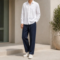 Theon Relaxed Shirt and Trouser Set - White / Blue - linen set - Hendlys - Image 2