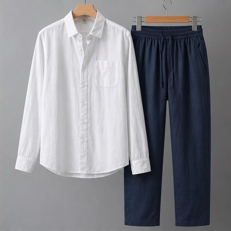 Theon Relaxed Shirt and Trouser Set - White / Blue - Outfit Set - Hendlys - Image 1