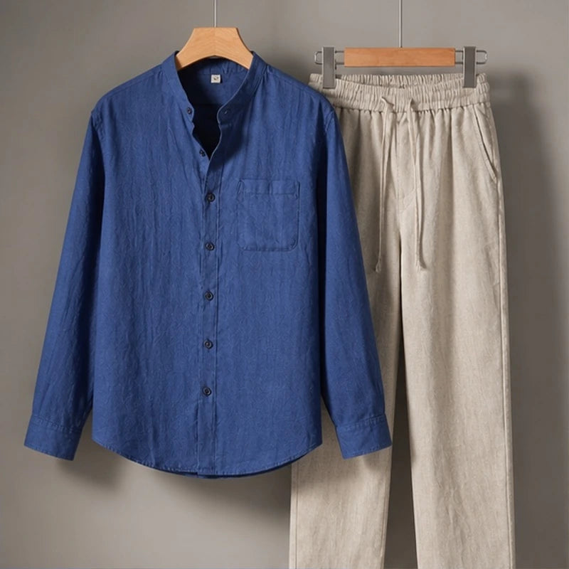 Theon Relaxed Shirt and Trouser Set - Blue / Beige - Outfit Set - Hendlys - Image 1