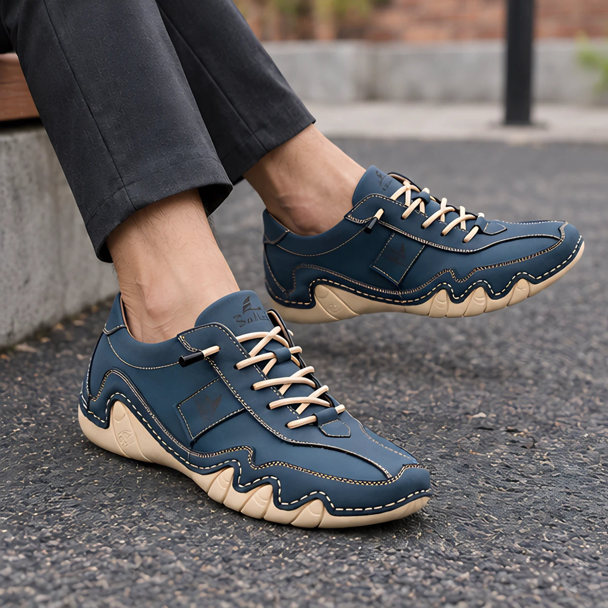 Torin Men's Wave-Stitched Leather Sneakers - Storm Navy - Sneakers - Hendlys - Image 2
