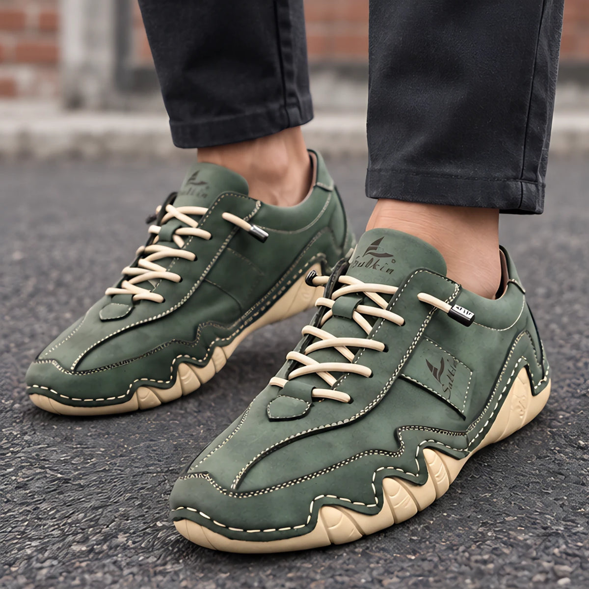 Torin Men's Wave-Stitched Leather Sneakers - Olive Drift - Men's Footwear > Sneakers > Low-Top Leather Sneakers - Hendlys - Image 1