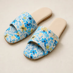 Torino Floral Flat Mule - Aqua Blue - square toe mules - Hendlys - Image 5