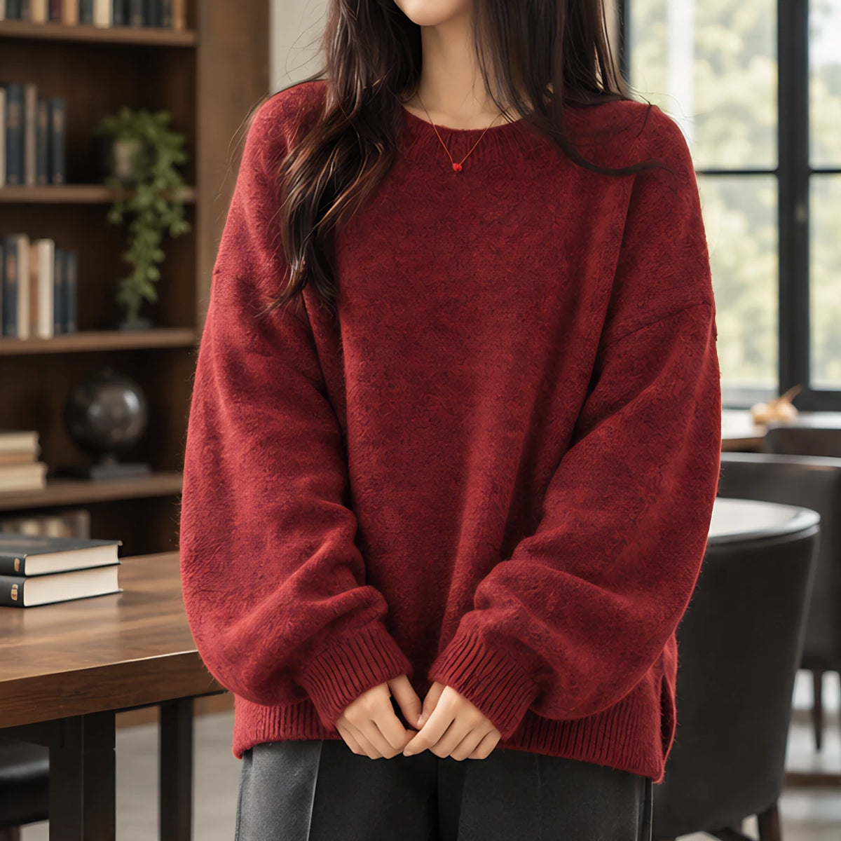 Tova Women's Oversized Crew Neck Sweater - Red - Women's Clothing > Sweaters & Cardigans > Crew Neck Sweaters - Hendlys - Image 1