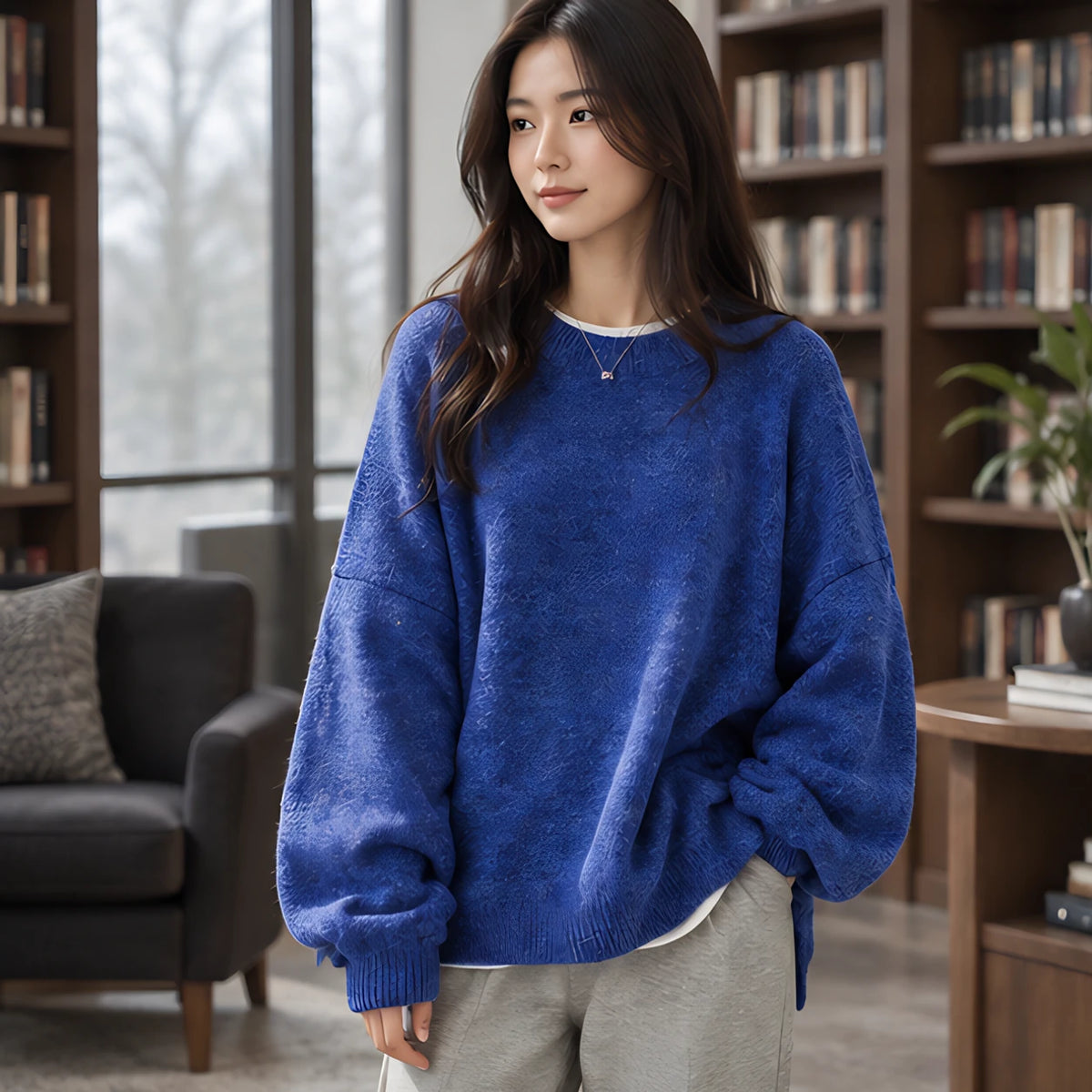 Tova Women's Oversized Crew Neck Sweater - Blue - Women's Clothing > Sweaters & Cardigans > Crew Neck Sweaters - Hendlys - Image 1