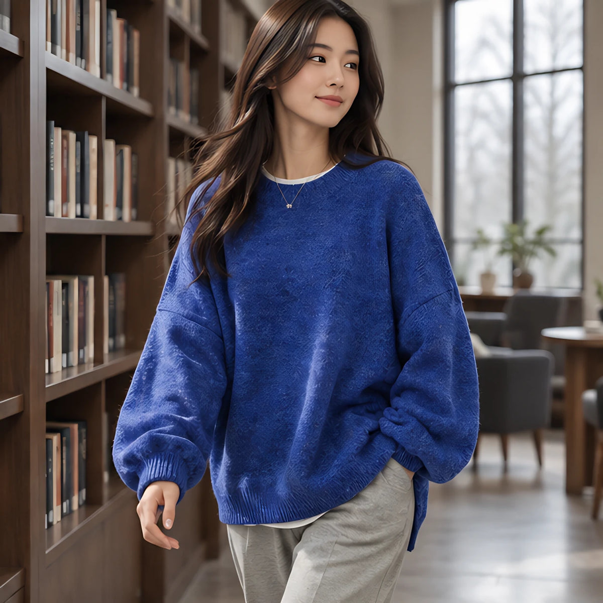 Tova Women's Oversized Crew Neck Sweater - Blue - Women's Sweater - Hendlys - Image 2