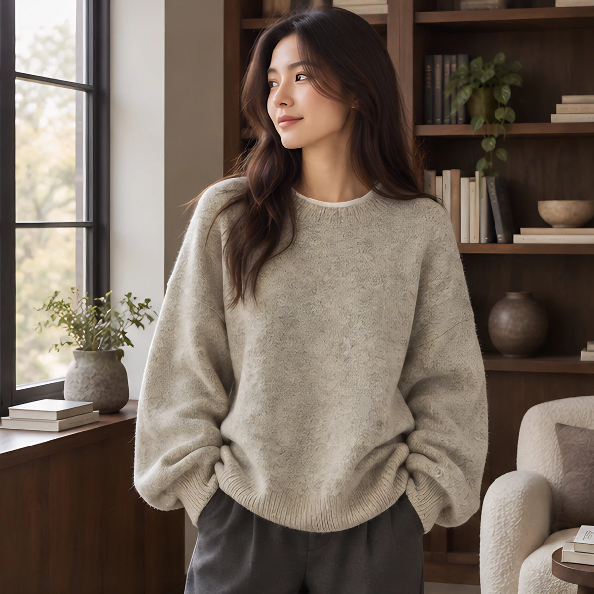 Tova Women's Oversized Crew Neck Sweater - Cream - Women's Clothing > Sweaters & Cardigans > Crew Neck Sweaters - Hendlys - Image 1