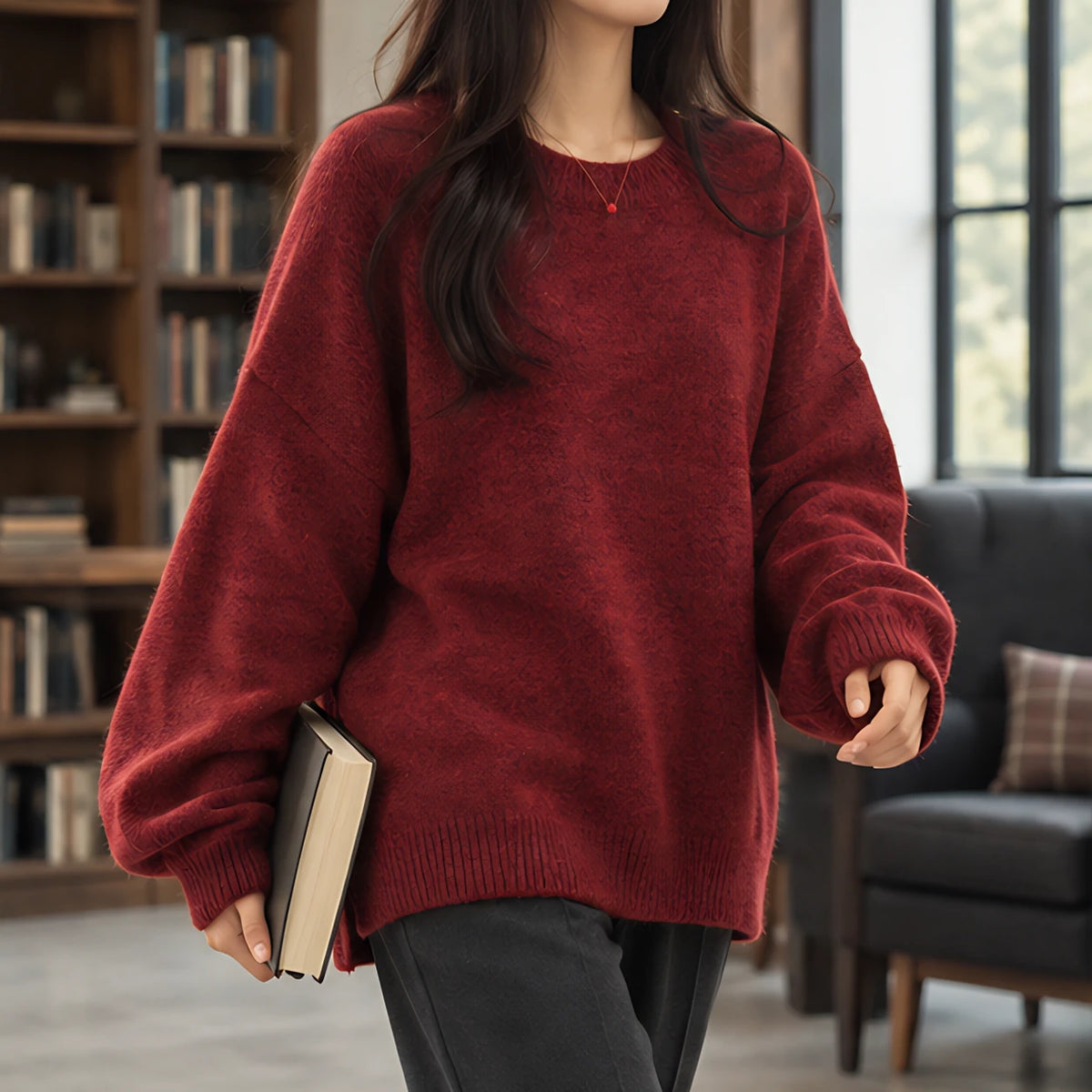 Tova Women's Oversized Crew Neck Sweater - Red - Women's Sweater - Hendlys - Image 2