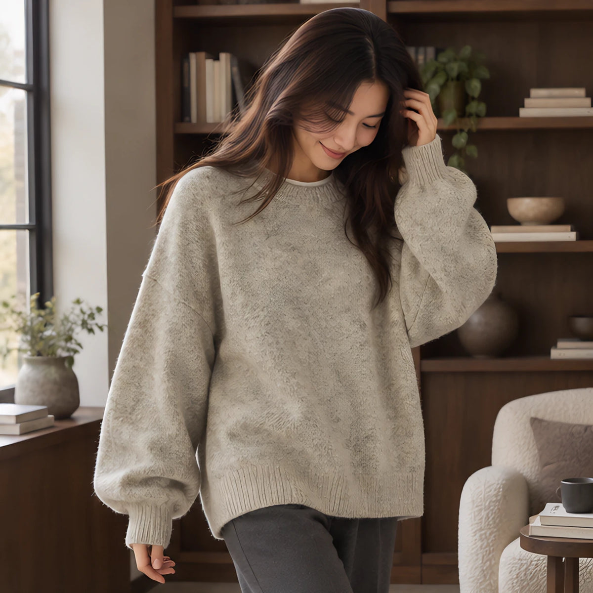 Tova Women's Oversized Crew Neck Sweater - Cream - Women's Sweater - Hendlys - Image 2