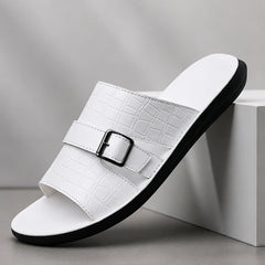 Mariner Croc-Embossed Leather Sandal - White - Sandals - Hendlys - Image 1