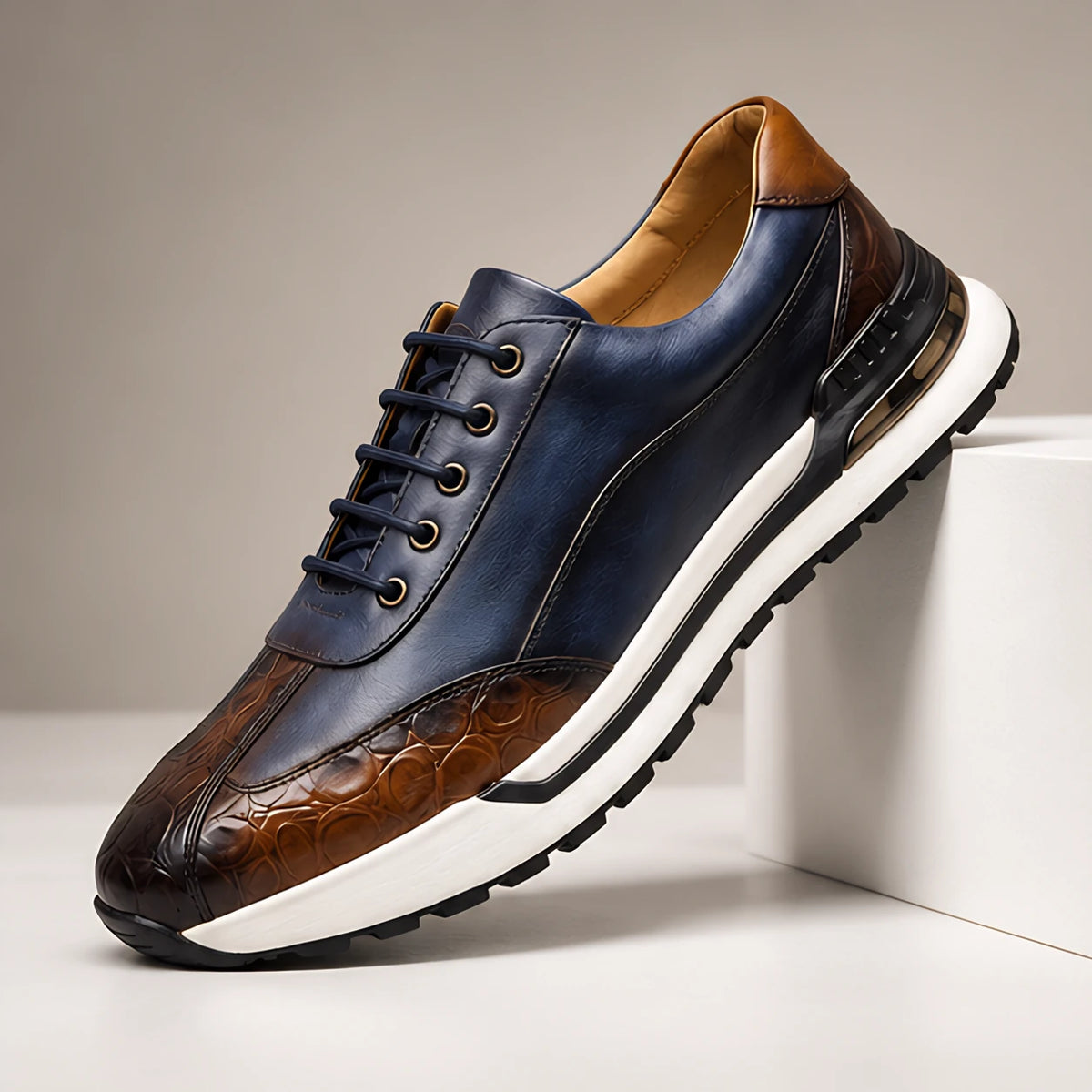 Valerio Men's Croc-Embossed Leather Sneakers - Blue - Men's Footwear > Sneakers > Low-Top Sneakers - Hendlys - Image 1