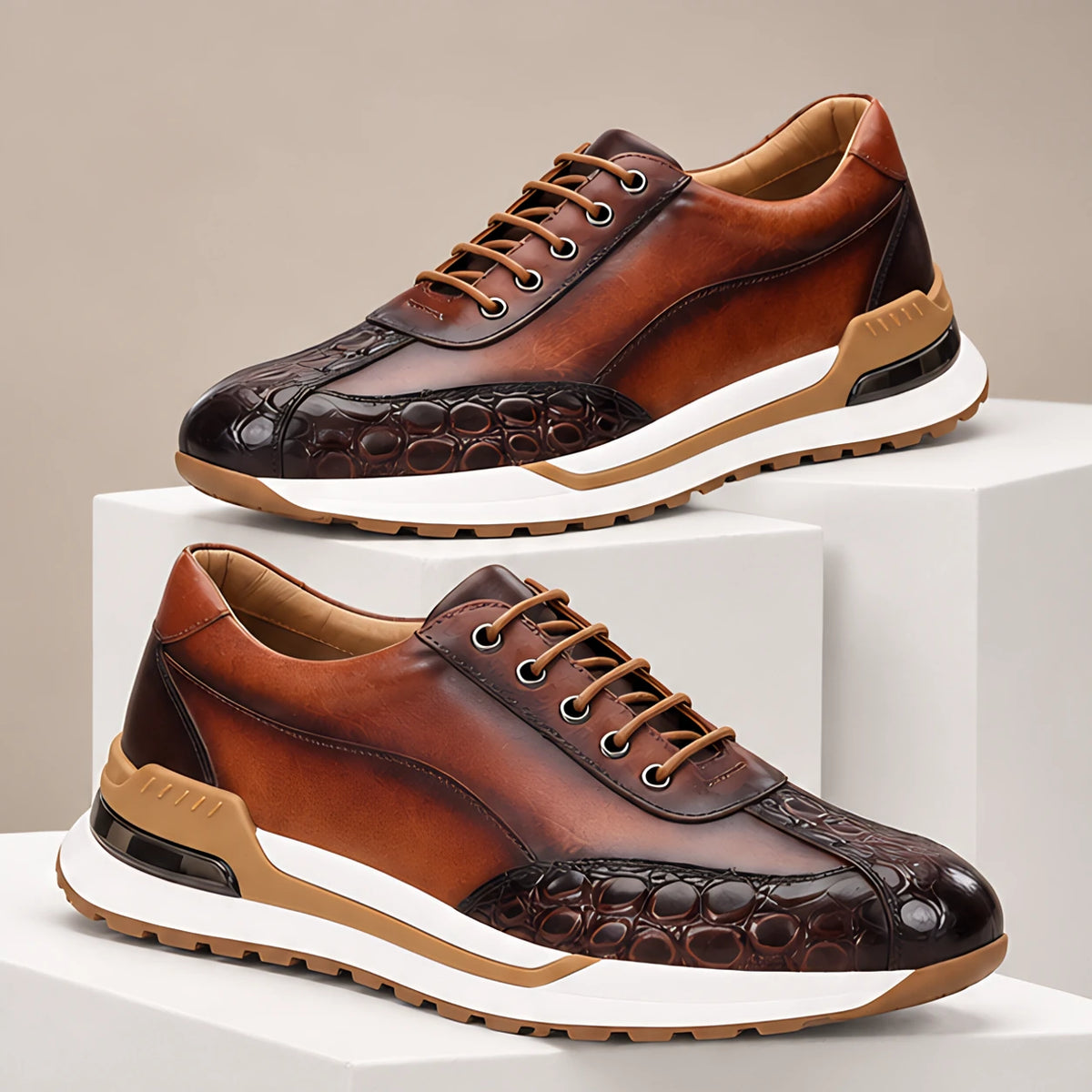 Valerio Men's Croc-Embossed Leather Sneakers - Brown - mens_footwear - Hendlys - Image 2
