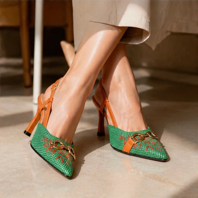 Velmora Embroidered Pointed-Toe Slingback Pumps - Basil - female - Hendlys - Image 4