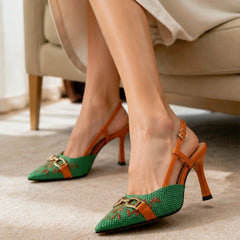 Velmora Embroidered Pointed-Toe Slingback Pumps - Basil - Shoes - Hendlys - Image 2