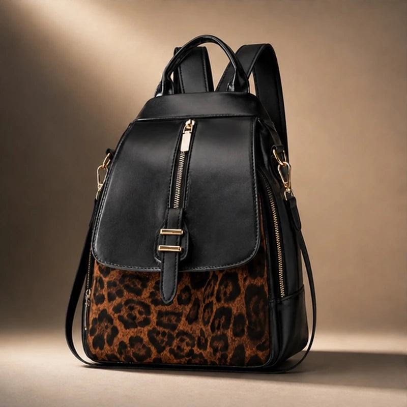 Verena Leopard Panel Leather Backpack - Panther - Accessories > Bags > Backpacks - Hendlys - Image 1