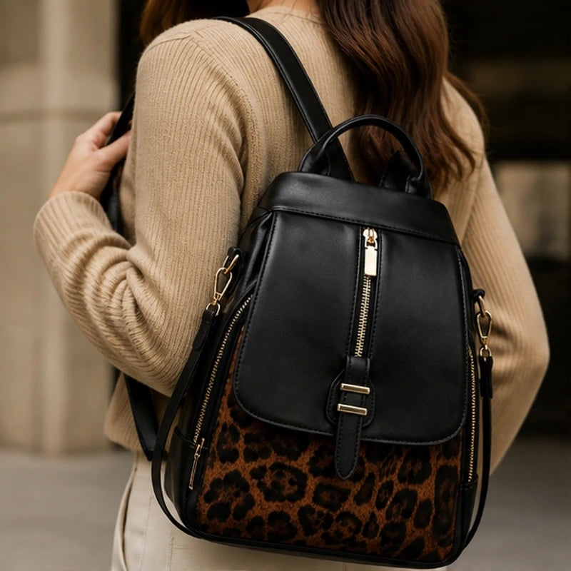 Verena Leopard Panel Leather Backpack - Panther - Clothing - Hendlys - Image 2