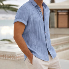 Vincento Short-Sleeve Linen Shirt - Blue - linen shirt - Hendlys - Image 3