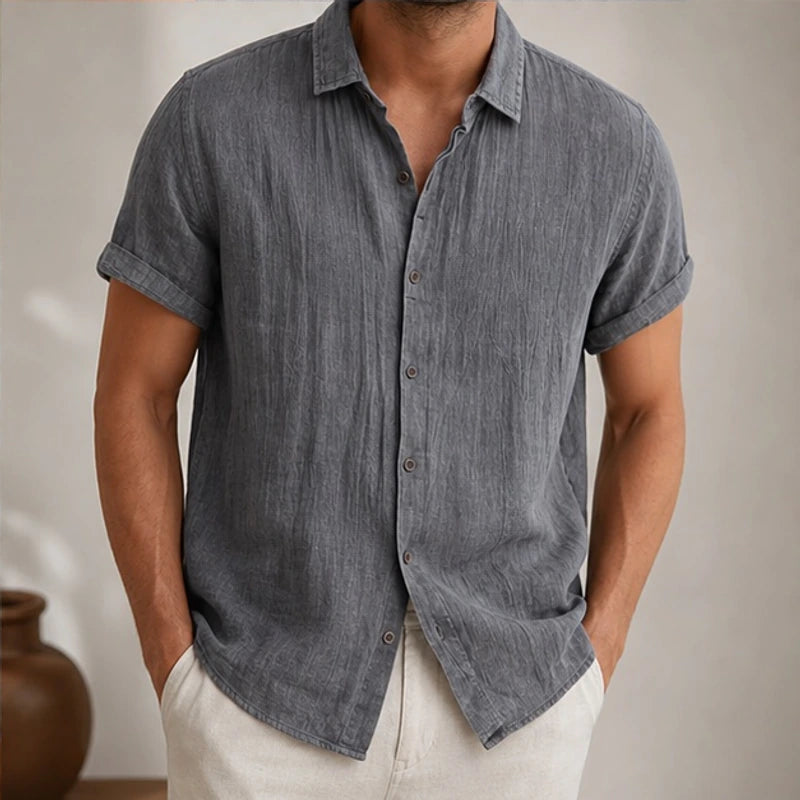 Vincento Short-Sleeve Linen Shirt - Gray - linen shirt - Hendlys - Image 3