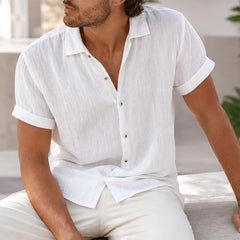 Vincento Short-Sleeve Linen Shirt - White - cotton linen blend - Hendlys - Image 4