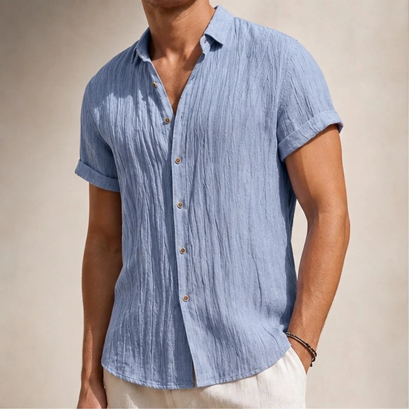 Vincento Short-Sleeve Linen Shirt - Blue - men's shirt - Hendlys - Image 2