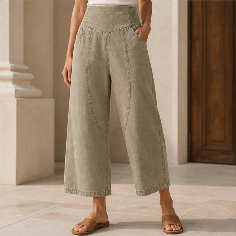 Virelle Curved Panel Denim Pants - Khaki - Pants - Hendlys - Image 1