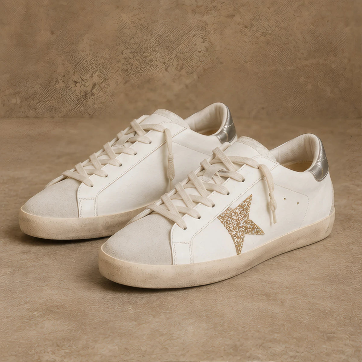 Volterra Distressed Leather Sneakers - White And Gold Glitter - Men's Footwear > Sneakers > Low-Top Sneakers - Hendlys - Image 1