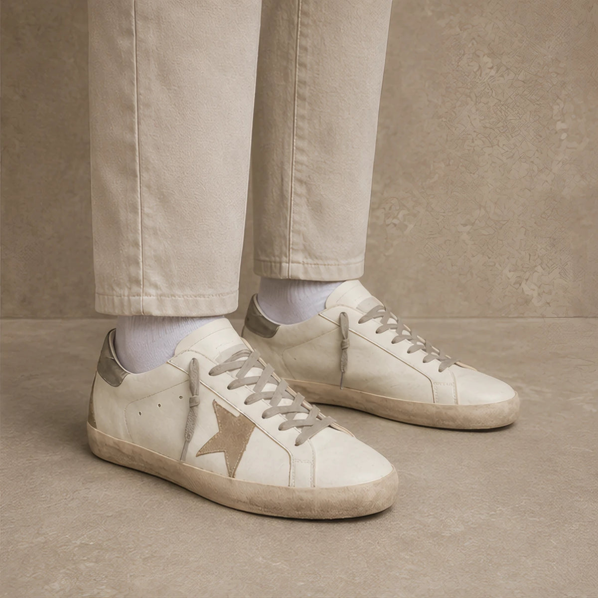 Volterra Distressed Leather Sneakers - Cream And Gold - Catalog Group: Footwear - Hendlys - Image 2